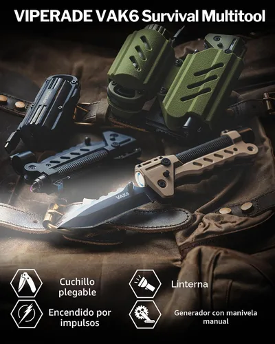 Vista 2 de VIPERADE VAK6 Multiherramienta de supervivencia con cuchillo plegable, linterna LED, encendido por pulso y generador de manivela, cuchillo