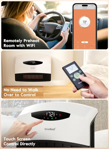 Vista 4 de GiveBest Calentador de pared eléctrico, calentador de pared inteligente de 1500 W para baño, calentadores de pared con termostato, control remoto