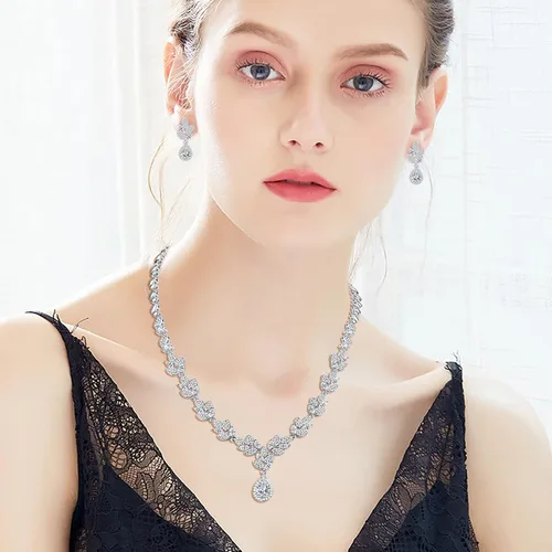Vista 5 de Hadskiss Juego de joyas para mujer collar y aretes colgantes juego de joyas chapadas en oro blanco con circonita cúbica AAA blanca sin alergias