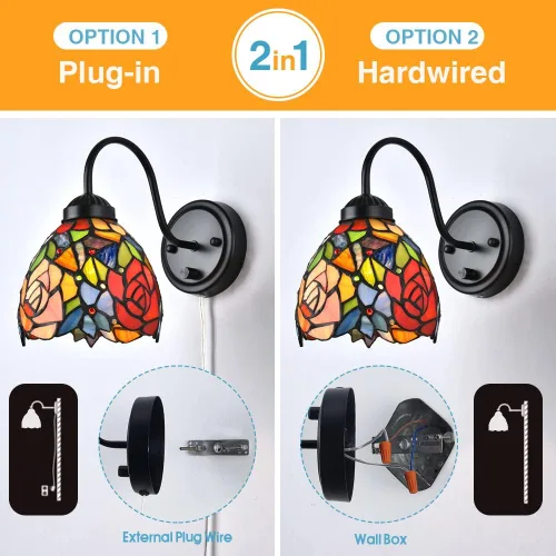 Vista 4 de Tiffany - Lámpara de pared para mesita de noche con interruptor regulable, aplique de pared de cuello de ganso vintage industrial con cable