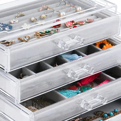 Vista 5 de Weiai Organizador de joyas acrílico caja de joyería transparente con 4 cajones vitrina de terciopelo para almacenamiento aretes anillos collares