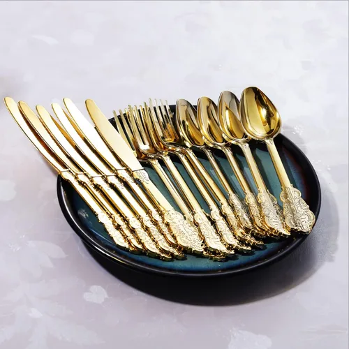 Vista 3 de Juego de cubiertos de plástico dorado de 300 piezas, 100 tenedores, 100 cucharas, 100 cuchillos, cubiertos de plástico dorado resistente desechables