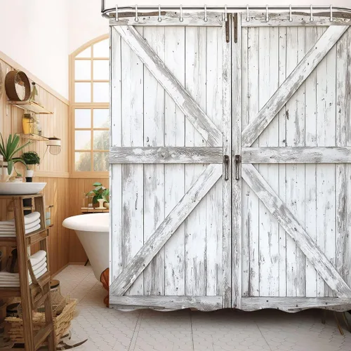 Vista 25 de JAWO Cortina de ducha rústica para puerta de granero, estilo occidental, para baño, tablero de madera marrón, tela impermeable de poliéster