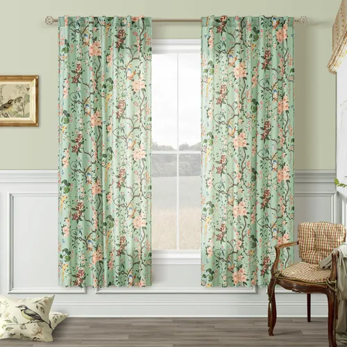 Vista 55 de Cortinas de lino de pájaro floral azul 2 paneles de 72 pulgadas de largo Aqua Blue