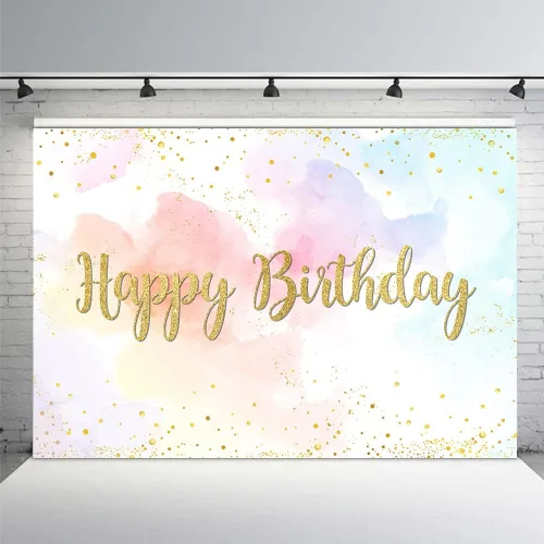 Vista 8 de MEHOFOND Telón de fondo de feliz cumpleaños de arcoíris pastel de 7 x 5 pies para niñas, fondo de acuarela de princesa, nube de colores dorados