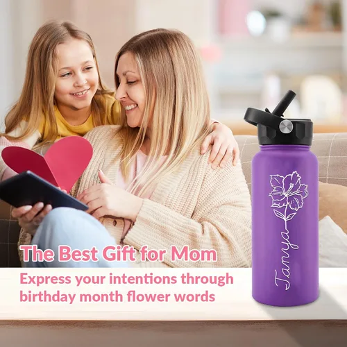 Vista 7 de Personalized Water Bottles, Custom Water Bottle with Birth Month Flower Personalized Text Names, Gifts for Women, Customized Engraved Stainless