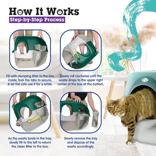 Vista 3 de Omega Paw VMRA20-1-PR Premium Roll 'N Clean - Caja de arena grande autolimpiante con escalón de arena integrado y parrilla de tamizado única, verde