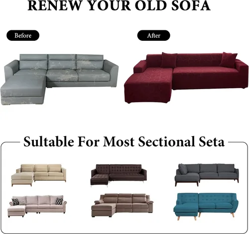 Vista 8 de OKYUK Funda para sofá modular en forma de L, 2 fundas de sofá impresas de alta elasticidad de 3 + 3 asientos + 2 fundas de almohada, protector