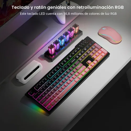 Vista 5 de Combo de teclado y mouse inalámbricos, batería recargable con retroiluminación RGB de 2000 mAh, teclados de computadora inalámbricos, teclado