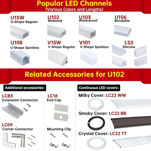 Vista 9 de Muzata Paquete de 20 canales LED de aluminio negro con cubierta blanca lechosa U102 BW 1M