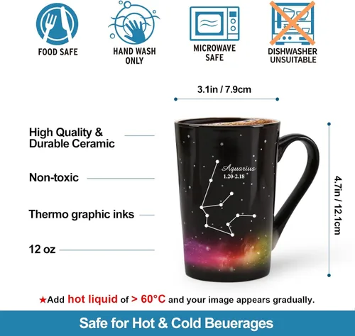 Vista 3 de Taza de constelación cambiante de calor de Acuario de 12 onzas, taza de café de Acuario con grabado, taza de café de cerámica que cambia