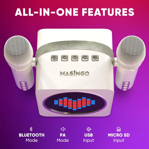 Vista 8 de MASINGO Mini máquina de karaoke portátil para niños y adultos con micrófonos Bluetooth inalámbricos duales, pantalla LED animada, USB/Aux/MicroSD