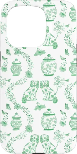 Vista 13 de Funda para iPhone XS Max Preppy Green & White Toile Chinoiserie Dogs and Ginger Jars