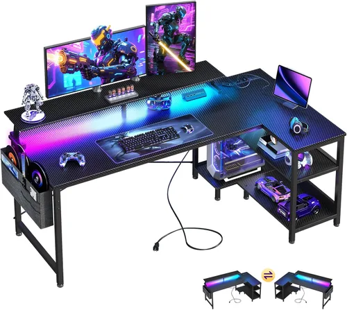 Vista 10 de ODK Escritorio para juegos de 40 pulgadas con tomas de alimentación USB y luces LED, escritorio reversible en forma de L con estantes