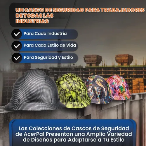 Vista 6 de Casco duro OSHA de ala completa sin ventilación con diseño de tatuaje/calavera con acabado mate con suspensión de 6 puntos