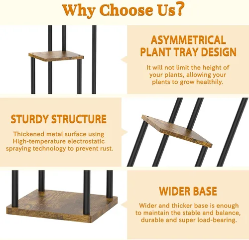 Vista 4 de Oppro Soporte para plantas de 3 niveles para interiores, soporte de esquina de metal de madera escalonada, soporte para macetas, estante de madera