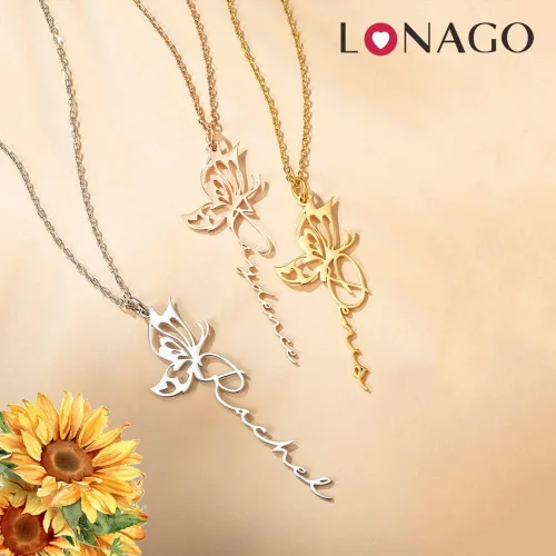 Vista 3 de LONAGO Collar de mariposa con nombre personalizado con dije de mariposa, regalo para mujer cobre-color oro rosa