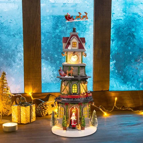 Vista 7 de Casas de Pueblo Navideño Edificios Coleccionables de Navidad Campanario con Luces LED, Pueblo de Vacaciones Navideñas Musical con USB Figuras