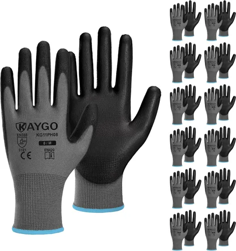 Vista 37 de KAYGO KG11PB - Guantes de trabajo de seguridad con revestimiento de poliuretano, 12 pares de guantes de punto sin costuras para hombres y mujeres