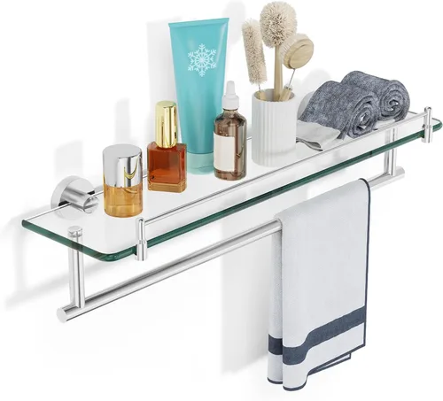 Vista 10 de Toallero con estante de 16 pulgadas, estante de baño con barra de toalla de vidrio templado, dorado cepillado moderno, acero inoxidable a prueba