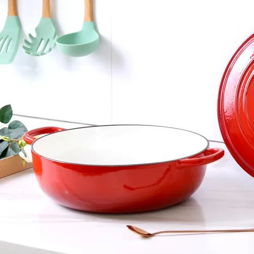 Vista 4 de EDGING CASTING - Horno holandés de hierro fundido esmaltado con estofador poco profundo y asa doble, 3.8 QT, rojo