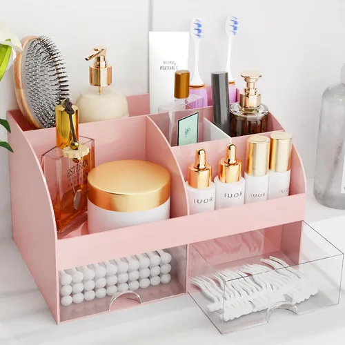 Vista 14 de Organizador de maquillaje con cajones, almacenamiento de cosméticos para tocador y encimera de baño, soporte de belleza para lápiz labial y brochas