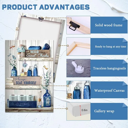 Vista 3 de BFKDKG Arte Decorativo de Pared para Baño Azul Marino Lienzo de Pared Decorativo para Baño Azul Rústico Por Favor Siéntate en Tu Propio Logo Pintura
