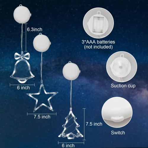 Vista 5 de Decoración de luz de ventana de Navidad, 3 luces iluminadas con forma de cascabel, árbol de Navidad, funciona con pilas, luces interiores