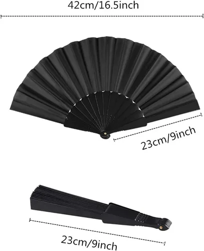 Vista 3 de Minelife 10 abanicos de mano plegables pequeños, estilo chino, japonés, ventilador de mano de verano, abanicos de tela vintage negros para fiestas