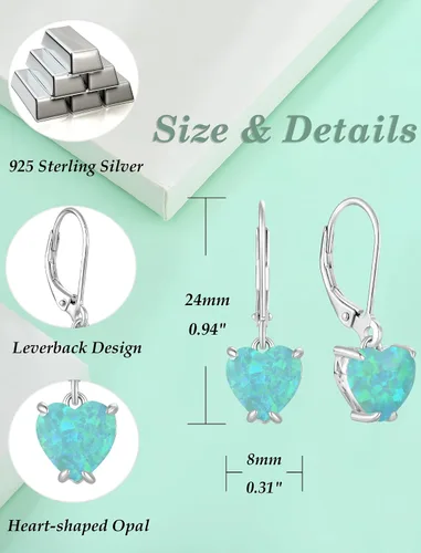 Vista 6 de Vesitim Solitaire WhiteBluePinkGreen Opal Dangle Earrings 925 Sterling Silver Heart-Shaped Opal Jewelry for Women Gift