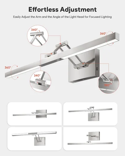 Vista 4 de VONLUCE Luz LED de Tocador de Baño de 24", Luces LED Modernas de Tocador 3CCT con Cabezal Giratorio de 360° y Brazo Oscilante, Lámpara de Baño