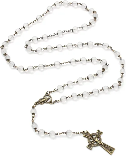 Vista 70 de KOMI Rosario de cuentas católicas para mujer, collar de cuentas de rosario con cruz de crucifijo, perlas de cristal, rosario, rosarios, católicos