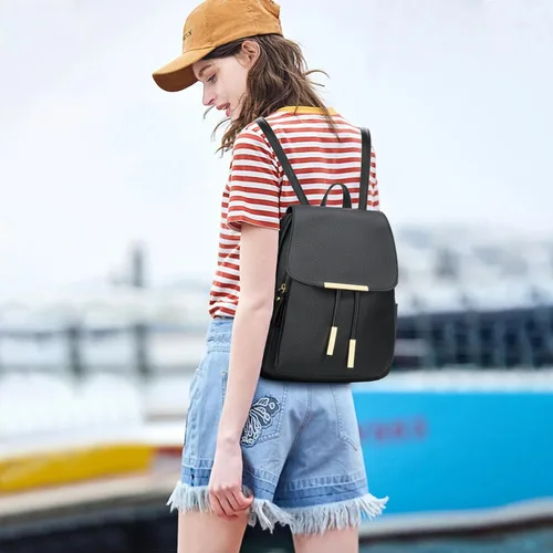 Vista 2 de KKXIU - Mochila de cuero de moda para mujeres y damas, bolsa de viaje y para el día, con correa para los hombros, A-Negro, Mediana, Mochila