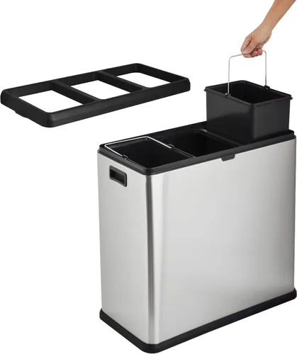 Vista 3 de Step N' Sort OPN603 - Cubo de basura y reciclaje de 16 galones, 3 compartimentos, color plateado