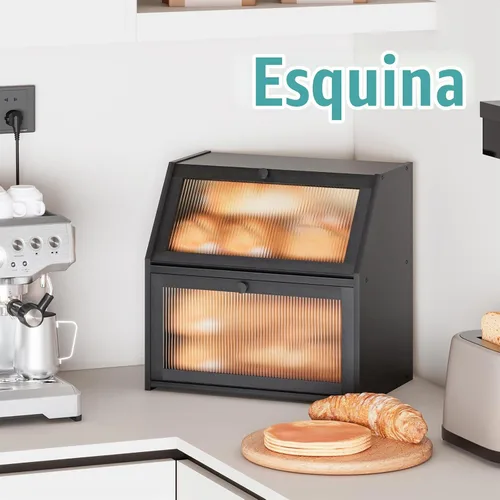 Vista 4 de Caja de pan extra grande negra para mostrador de cocina, caja de pan de bambú de doble capa grande, capacidad de almacenamiento de pan de madera