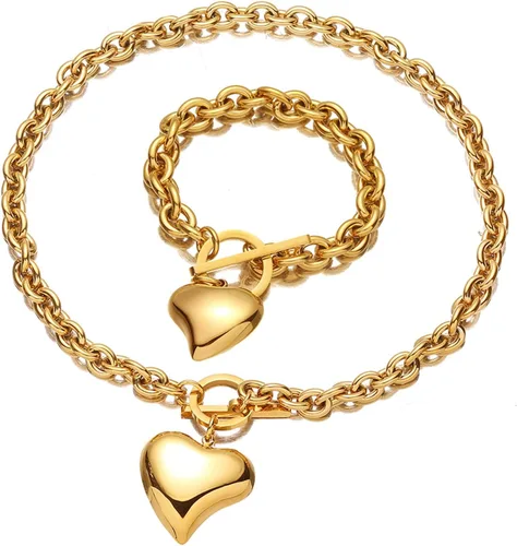 Vista 11 de Juego de collar de plata chapada en oro rosa de 18 quilates, cadena gruesa de acero inoxidable, gargantilla de corazón para mujer, juego de joyería