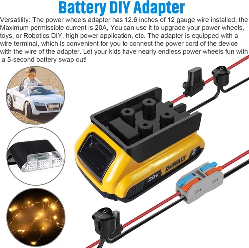 Vista 2 de Adaptador de rueda eléctrica con fusible e interruptor para batería Dewalt de 20 V, adaptador de batería hermético no soplado con fusible de 30 A