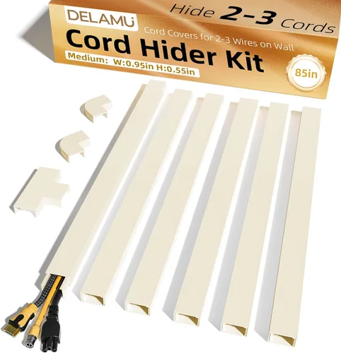 Vista 28 de Delamu Ocultador de cable beige, cubiertas de cable de 85 pulgadas para cables en la pared, ocultadores de cables de un cable, cubiertas de alambre