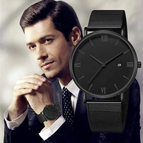 Vista 3 de COOKI - Reloj de pulsera de lujo para hombre, de moda, de lujo, de acero inoxidable, con correa de malla, vestido casual, reloj de cuarzo