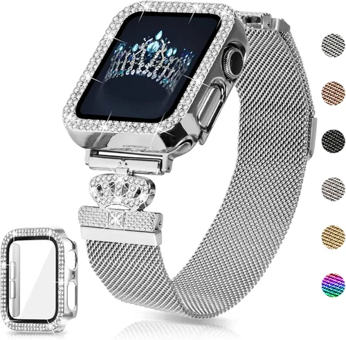 Vista 7 de Correa magnética compatible con Apple Watch 38mm 40mm 41mm 42mm 44mm 45mm 46mm, correa de metal de acero inoxidable con funda brillante y protector