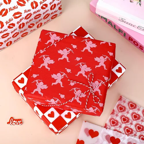 Vista 4 de JarThenaAMCS 100 hojas de papel de seda para el día de San Valentín, a granel, 10 diseños de corazón rojo de amor, cupido, lunares, hojas de papel