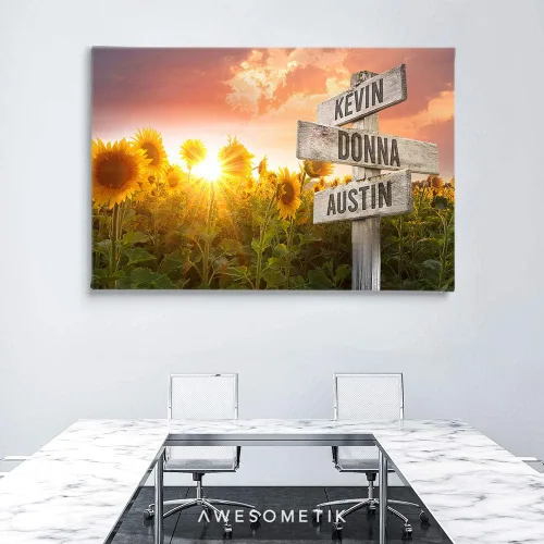 Vista 3 de Awesometik - Lienzo personalizado con varios nombres y girasoles de amanecer, decoración del hogar, regalos enmarcados para él/ella - Awesometik