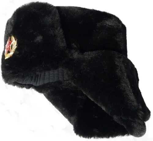 Vista 3 de Sombrero de invierno blanco con orejeras Ushanka ruso. con insignia de soldado soviético, Negro