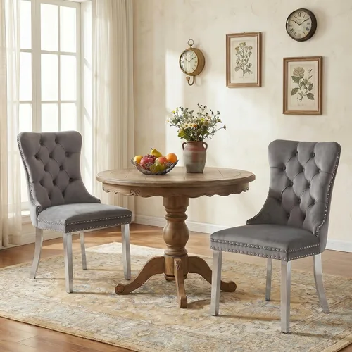 Vista 38 de SoarFlash Juego de 2 sillas de comedor de terciopelo, silla lateral de respaldo alto, silla lateral moderna tapizada de alta gama con botones Beige