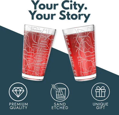 Vista 5 de Greenline Goods Atlanta, GA Map - Vasos de cerveza (juego de 2), 16 oz - Diseño de envoltura grabada