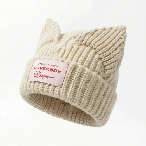 Vista 2 de Cat Ear Beanie Y2K Cute Knit Hat with Ears Warm Crochet Hat Skull Cap for Women Men Beige