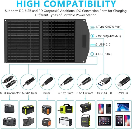 Vista 4 de MARBERO Panel Solar Portátil de 100W 100 Vatios Panel Solar Plegable para Estación de Energía con USB y Salida DC de 18V (10 Conectores) 23%