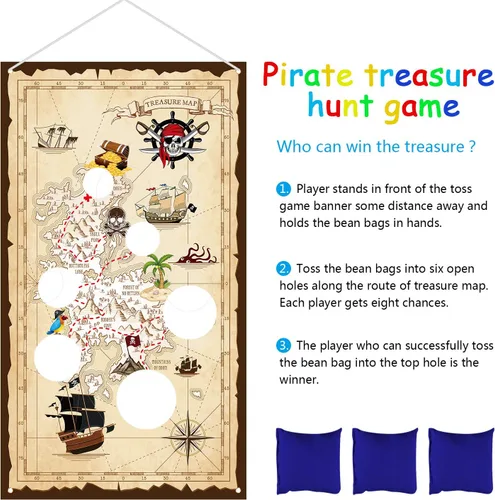Vista 3 de Blulu Juego de lanzamiento de bolsas de puf pirata con 3 bolsas de frijoles para niños, decoraciones de fiesta temática pirata de Halloween