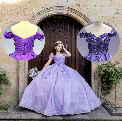 Vista 2 de Ftupza Preciosos vestidos de quinceañera florales 3D vestidos de tul hinchados para mujeres fuera del hombro vestido de fiesta largo FFtu09