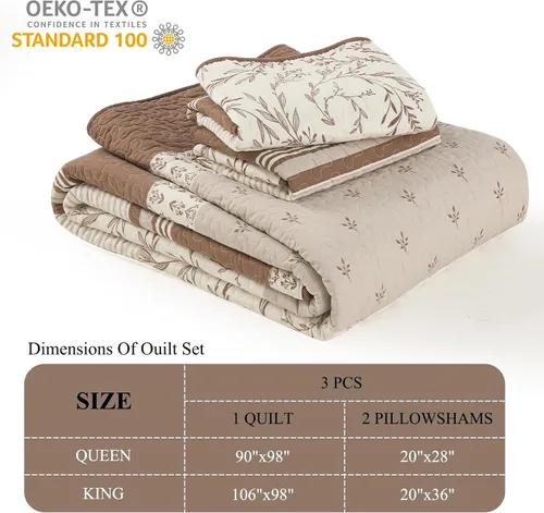Vista 4 de DDUOXIN Edredón 100 % algodón, tamaño King, moderno edredón botánico a rayas con 2 fundas de almohada, colcha reversible, ligero, delgado, juego
